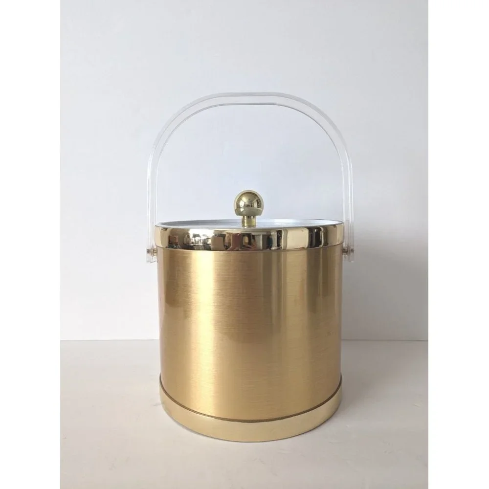 Vintage Ice Bucket Gold Hollywood Regency Acrylic Handle Clear Lid - Picture 5 of 9
